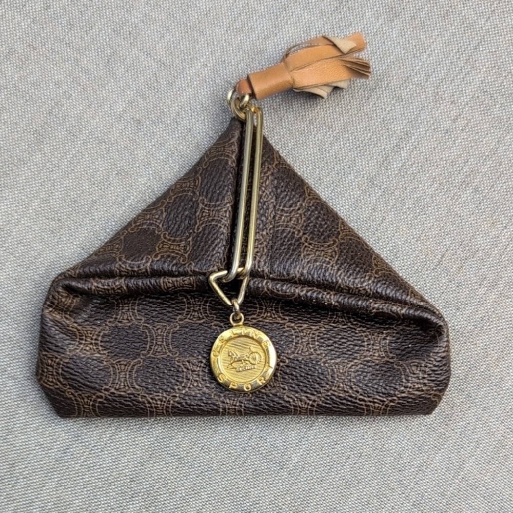 Celine Brown Monogram Triangular Coin Pouch with Tan Tassel and Gold Charm